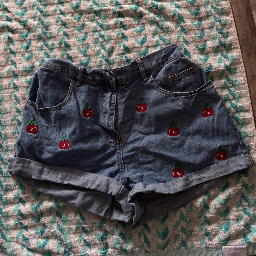 SHEIN Blue Cherry Embroidered Jean Shorts
